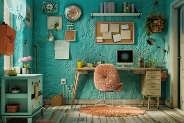 Small and cute 3D office or workspace made of felt fiber, for creative graphics