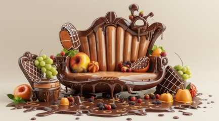 Un gâteau en forme de fauteuil avec des fruits et du chocolat coulant sur les côtés.