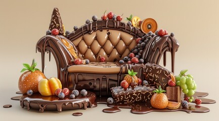 Un gâteau en forme de fauteuil avec des fruits et du chocolat coulant sur les côtés. - obrazy, fototapety, plakaty