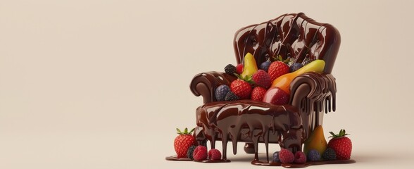 Un gâteau en forme de fauteuil avec des fruits et du chocolat coulant sur les côtés, image avec espace pour texte. - obrazy, fototapety, plakaty