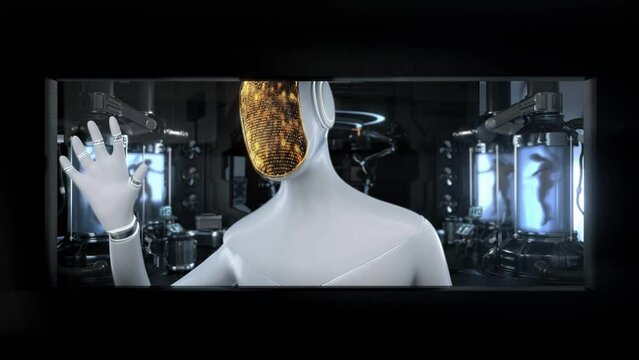  Artificial intelligence. Futuristic humanoid robot moves its head, eyes and scans, studies the movement of his hand. The camera is slowly moving away the robot. On a black background. 3D animation.