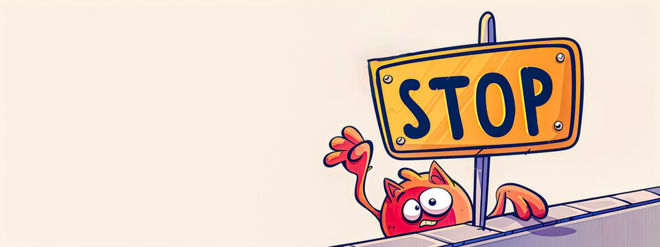Cute monster holding a stop sign cartoon illustration, copy space