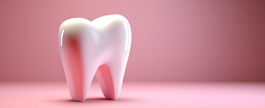 Une dent isol&eacute;e sur fond rose, rendu 3d, image avec espace pour texte.