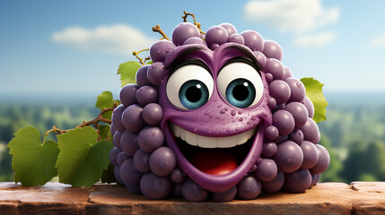 3D bunch of purple grapes funny cartoon character, generative ai