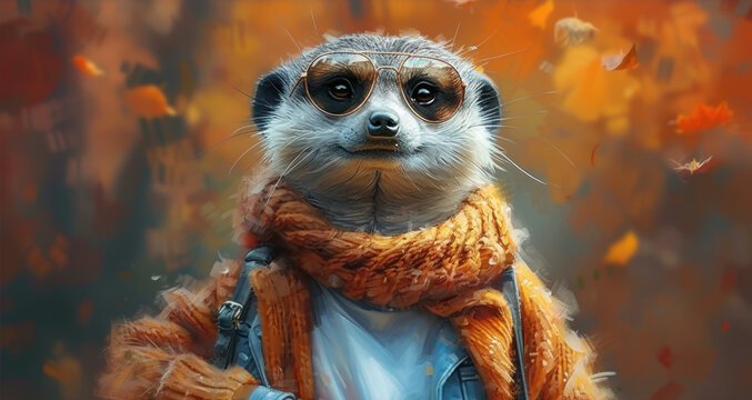 a painting of a meerkat wearing a scarf and a scarf around its neck, with autumn leaves in the background.