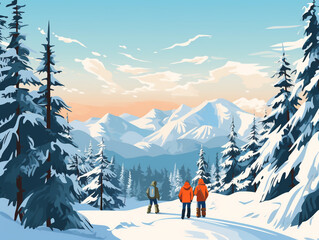 2d illustration of snowboarders standing and looking at the pine forest and mountains in front of them. 