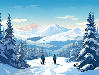 2d illustration of snowboarders standing and looking at the pine forest and mountains in front of them. 