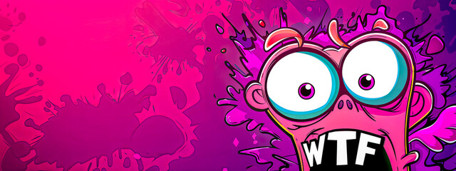 Surprised cartoon character with wtf expression on pink splash background, copy space