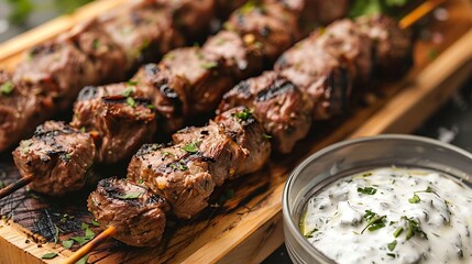 A skewer of grilled lamb kebabs served with tzatziki sauce