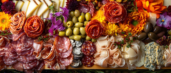 An artisanal charcuterie board, with an impressive array of cured meats, aged cheeses, olives, nuts, dried fruits, and crackers. The meats are thinly sliced and rolled or folded, showcasing their marb - obrazy, fototapety, plakaty
