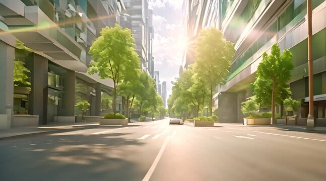 Green city of the future. City of the future. Harmony of city and nature. Sunny day in the big city. Deserted quarter, streets without people and car