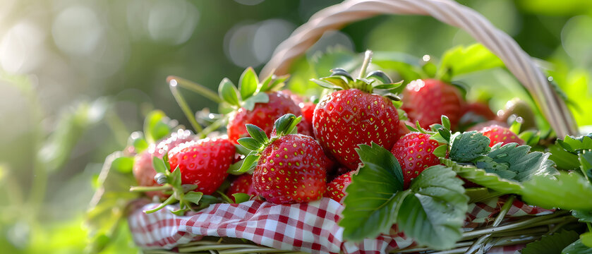 Plump, juicy strawberries at peak ripeness, piled high in a woven basket lined with gingham. Dew droplets cling to their glossy crimson skins, making the berries glisten under soft natural light. Lush