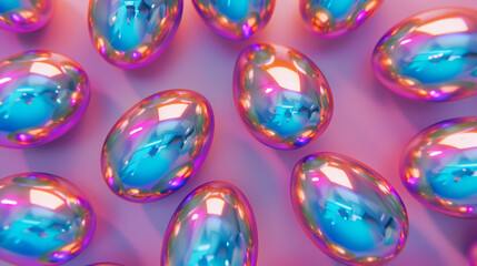 A collection of shiny, iridescent Easter eggs with holographic design scattered on a pink surface, reflecting the joyful spirit of the spring holiday.
