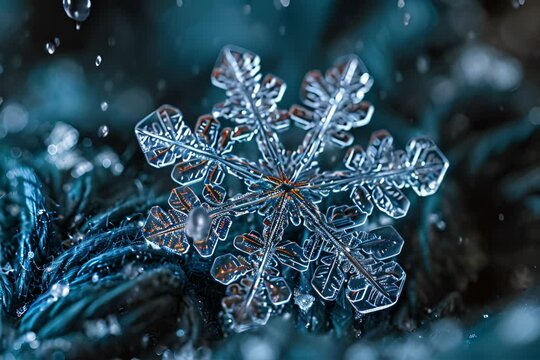 a close up of a snowflake on a black surface