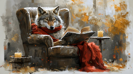 a painting of a wolf sitting in a chair reading a book with a candle on a table next to it.