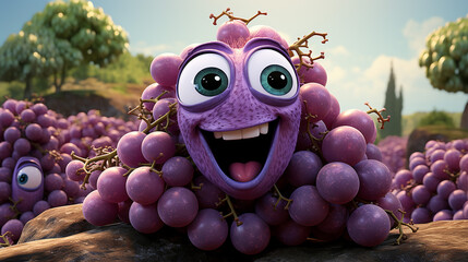3D bunch of purple grapes funny cartoon character, generative ai