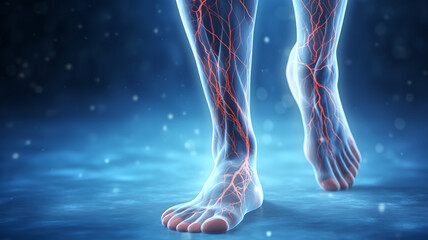 Illustrative image showcasing a 3D visualization of the circulatory system in human legs against a blue background.
 - Powered by Adobe