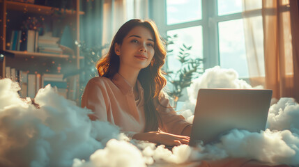 Advertorial shot, Happy and relieved business woman behind laptop, sitting in the clouds, rays of sunshine caress his face. AI Generated - obrazy, fototapety, plakaty