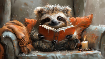 a painting of a raccoon reading a book while sitting on a couch with a candle in front of it.