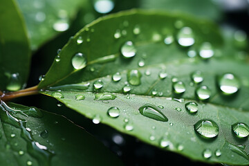 Water drops on green leaf. Nature background. Shallow DOF