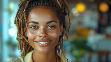 Woman with dreadlocks smiling at the camera during a meeting in a business office. Mature and professional business woman leading a corporate team towards success.