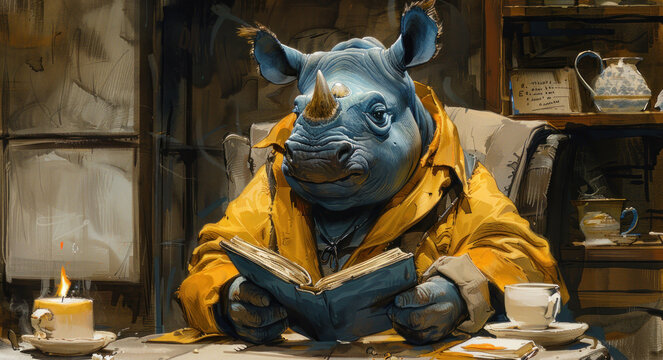 a painting of a rhino sitting at a table with a book in his hands and a candle in front of him.