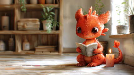 a little red dragon sitting on the floor reading a book with a candle in front of it and a potted plant in the background.