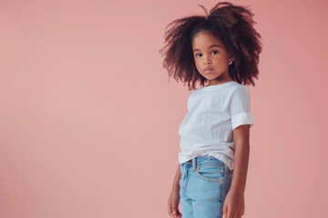 Niña afroamericana con pelo rizado posando con camiseta blanca y pantalón vaquero, sobre fondo rosa - obrazy, fototapety, plakaty