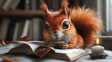 Fototapeta premium a red squirrel sitting on top of a table next to an open book and a lit candle on top of a table.
