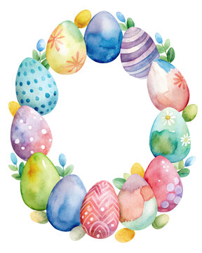 Watercolor Easter eggs arrangement in a circle - An artistic representation of Easter eggs in various patterns and colors, arranged in a circular pattern with foliage accents