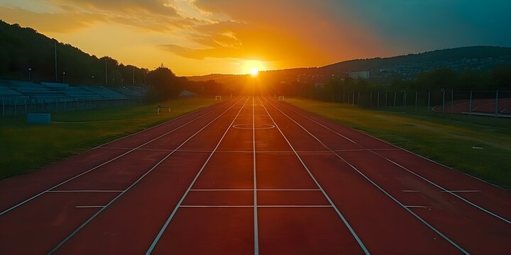Vibrantsunsetilluminatesanathletictrackinspiringendlesspossibilitiesforsports. Concept Sunset, Athletic Track, Sports, Possibilities, Inspiration
