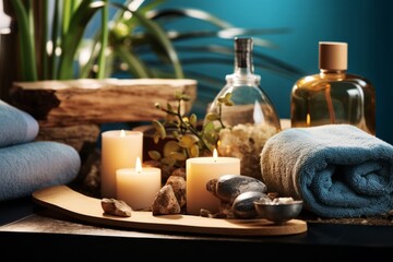 Obraz na płótnie Canvas Elegant luxury spa area with folded fluffy grey towels in a spa center in soft colors, with softly lit candles around and flowers and plants nearby