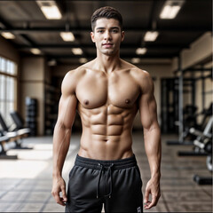 Fototapeta na wymiar Beautiful man in gym fitnes posing smiling