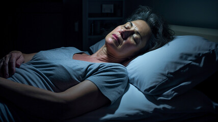 Fototapeta na wymiar Stressed sad tired exhausted caucasian middle-aged mature woman suffering from hot flash in bed. Menopause, night sweat.