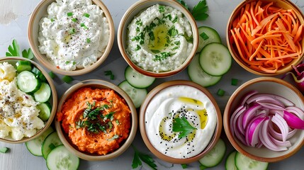 A selection of dips and spreads for a crudité platter - obrazy, fototapety, plakaty