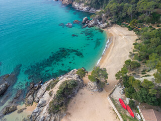Santa Cristina beach in Lloret de Mar and Blanes Cala Treual stunning, aerial views, water, transparent, blue, turquoise, beach, exotic