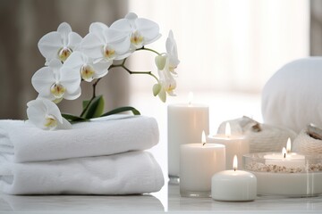 Elegant luxury spa area with folded fluffy white towels in a spa center in soft colors, with softly lit candles around and flowers and plants nearby