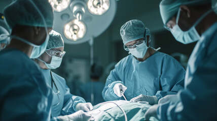 Focused medical team conducting a surgical procedure in a well-equipped operating room, showcasing teamwork and healthcare expertise.
