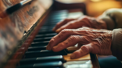 Close-up of an elderly person's hands gracefully playing the piano, showcasing the timeless beauty of music and the arts.
