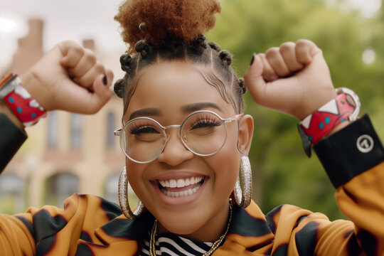 Joyful young woman with glasses celebrating in an urban setting during daytime