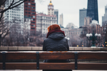 Solitary woman seated on a park bench overlooking the city on a chilly day