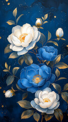 Fototapeta na wymiar Japanese Rose / Camellia illustration in white blue and gold. 