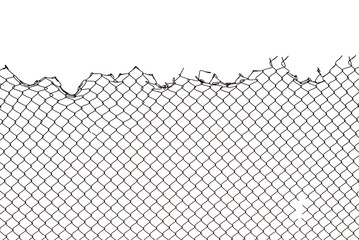 The texture of the metal mesh on a white background. Torn steel, metal mesh with holes - obrazy, fototapety, plakaty