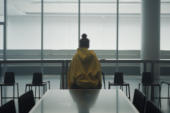 Solitary woman in yellow hoodie seated at an airport terminal waiting area