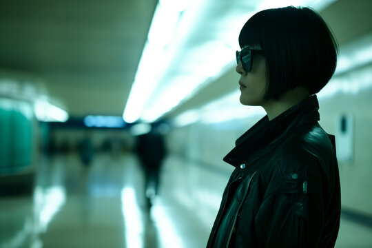 Stylish woman waiting in a modern subway station. View from the side