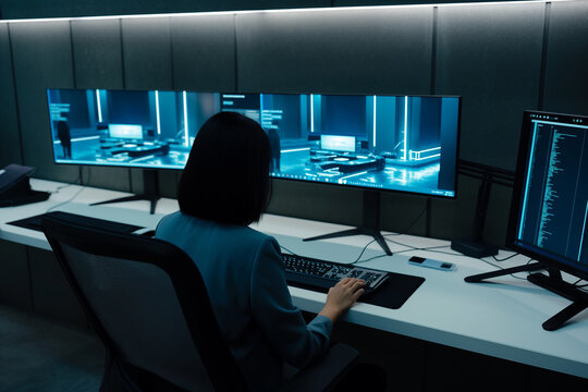Professional woman working at an advanced security control center