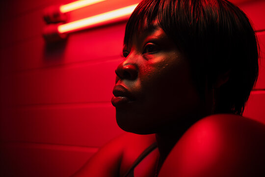 Black woman contemplating in red neon light, nighttime indoor portrait