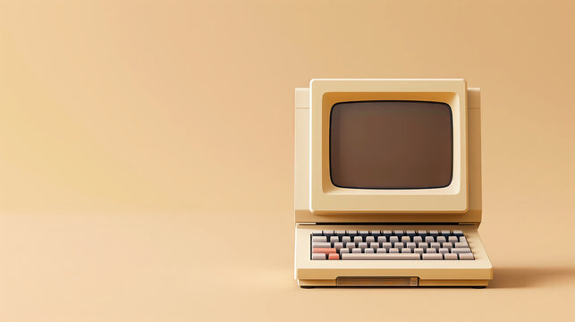 Retro personal computer on the right on beige background banner copy space