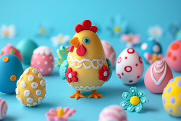 Fototapeta na wymiar Colorful clay chicken and decorated easter eggs