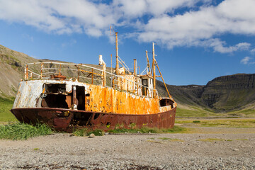 the famous rotten and rusty Garðar BA 64 ship wreck at the beach of Patreksfjörður, iceland
